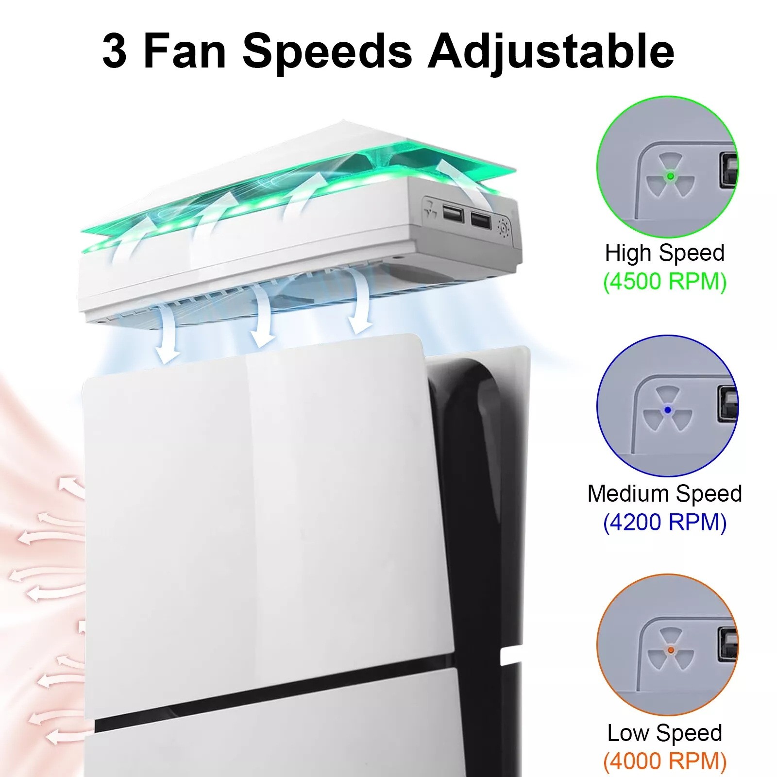 1 Pcs Adjustable Cooling Fan for PS5 Slim Disc/Digital Dustproof w/8 Modes Light