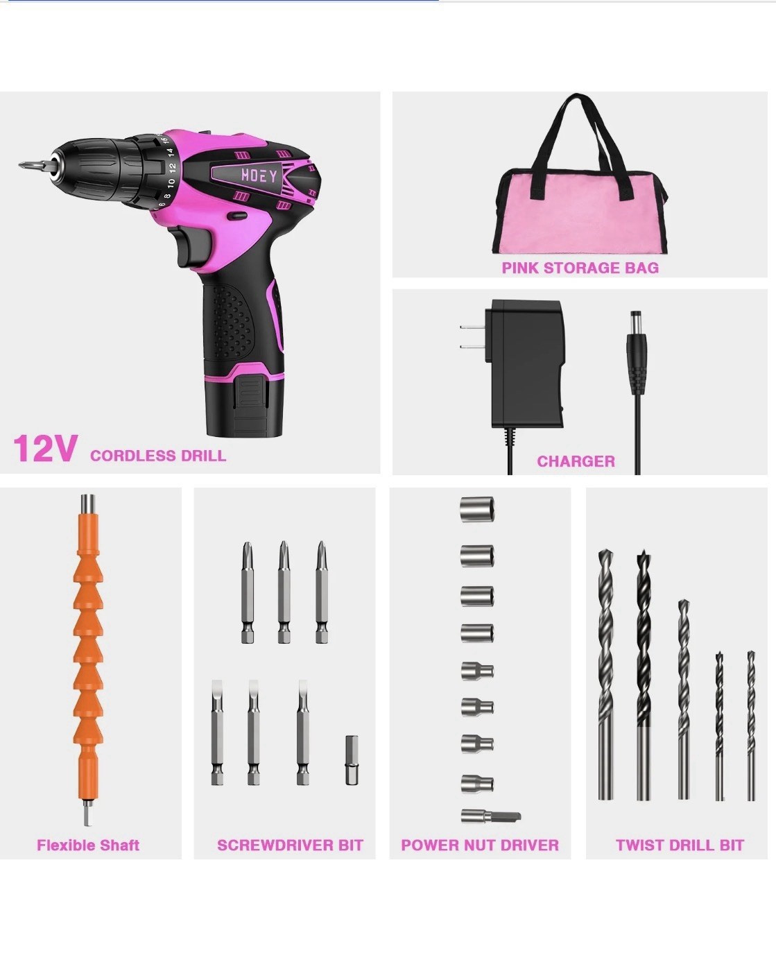 Drill electric,MOEY 12V Pink Cordless, Light, Variable Speed, Flexible Shaft