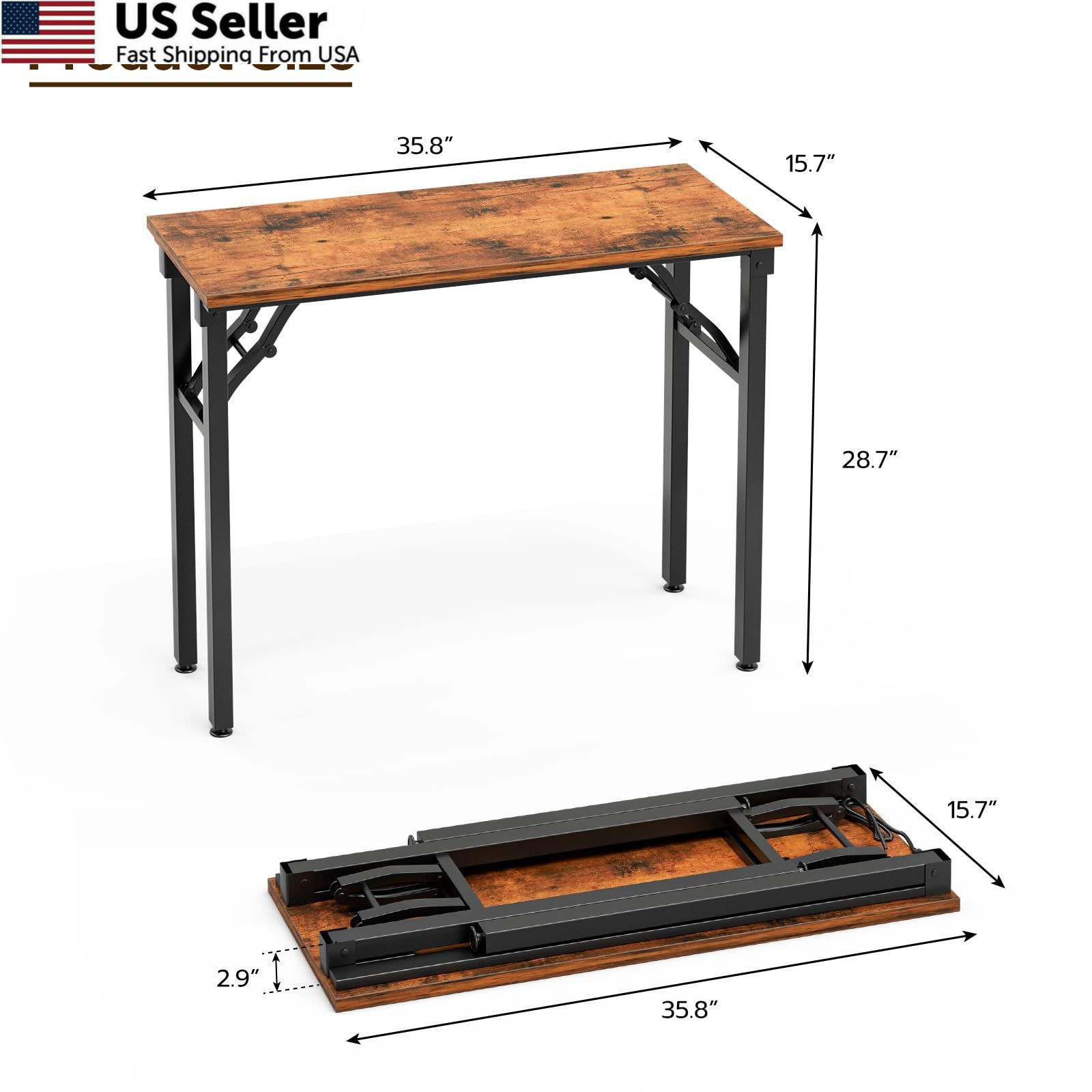 TEMI Small Computer Desk Folding Table - 35.8" 35.8 Inch, Rustic Brown