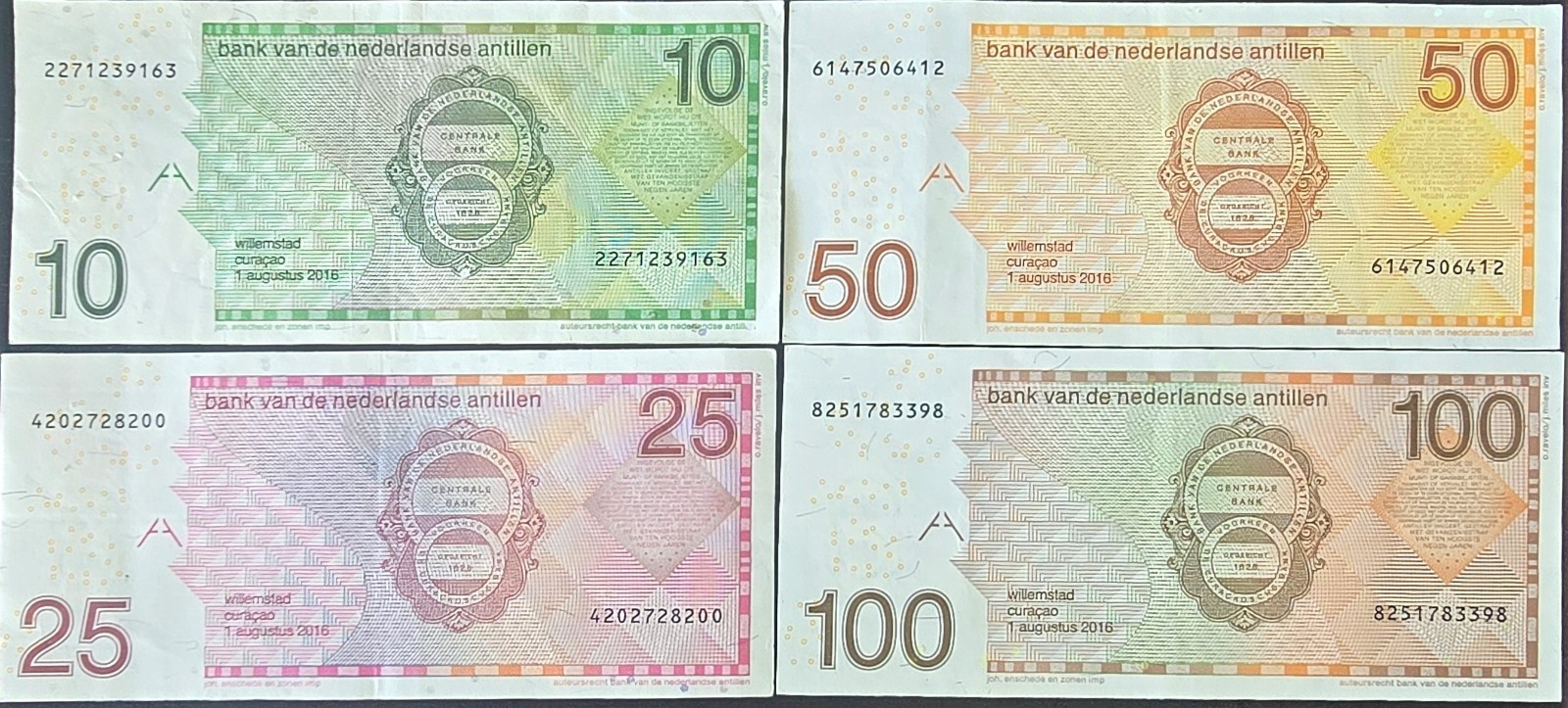 Netherlands Antilles Gulden 4 Pcs Full Set Of Final Circulating Banknotes XF