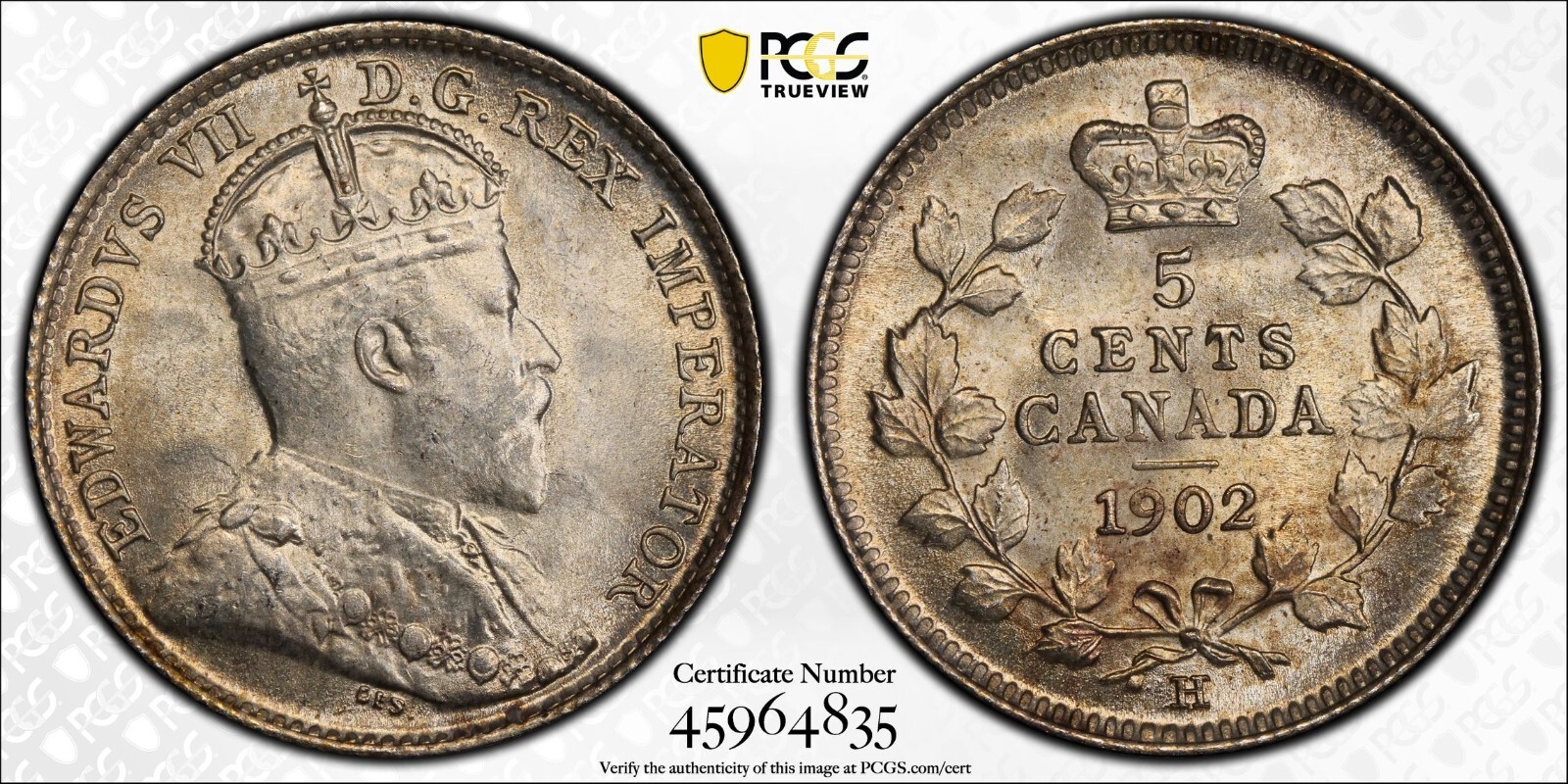 1902-H Canada 5 cents silver Large H PCGS MS65