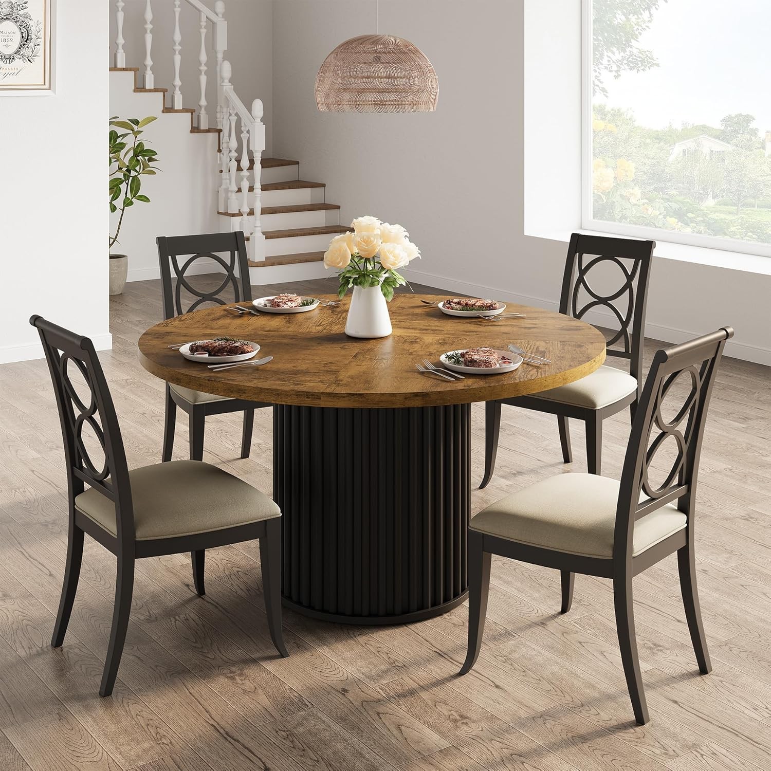 Round Dining Table 47", Wooden Kitchen Table Waveform Metal Base for Apartment