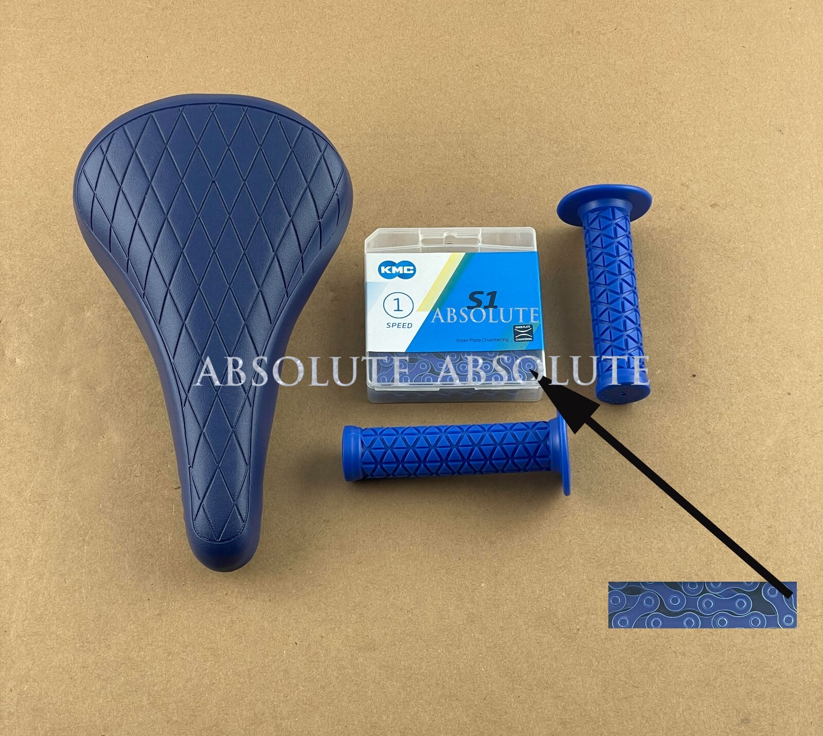BLUE DIAMOND STITCHED BMX BIKE SADDLE W/ BMX KMC CHAIN &TRIANGLE STYLE GRIPS.
