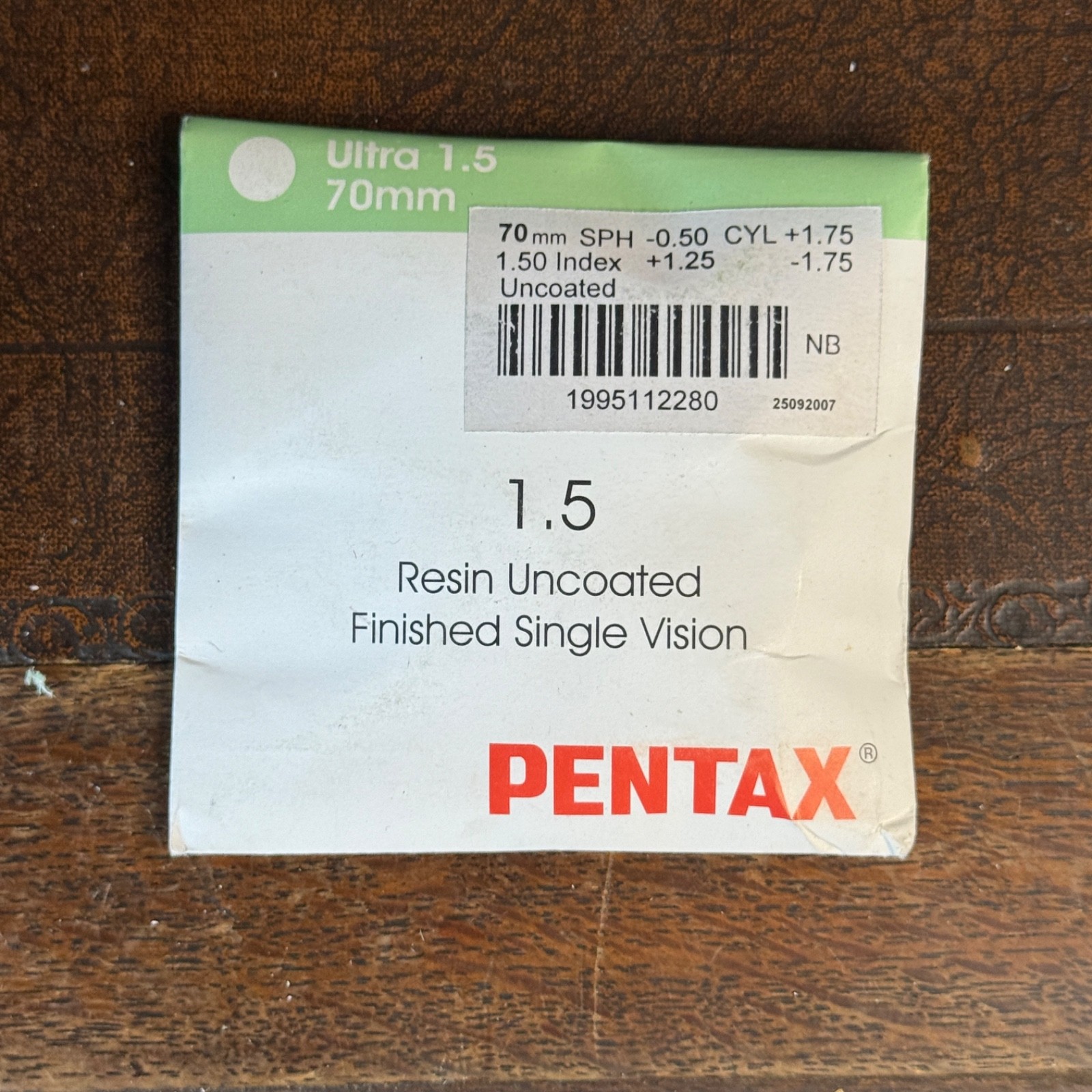 Unopened Pentax 1.5 Resin Uncoated Finished Single Vision SPH -0.5 Index +1.25