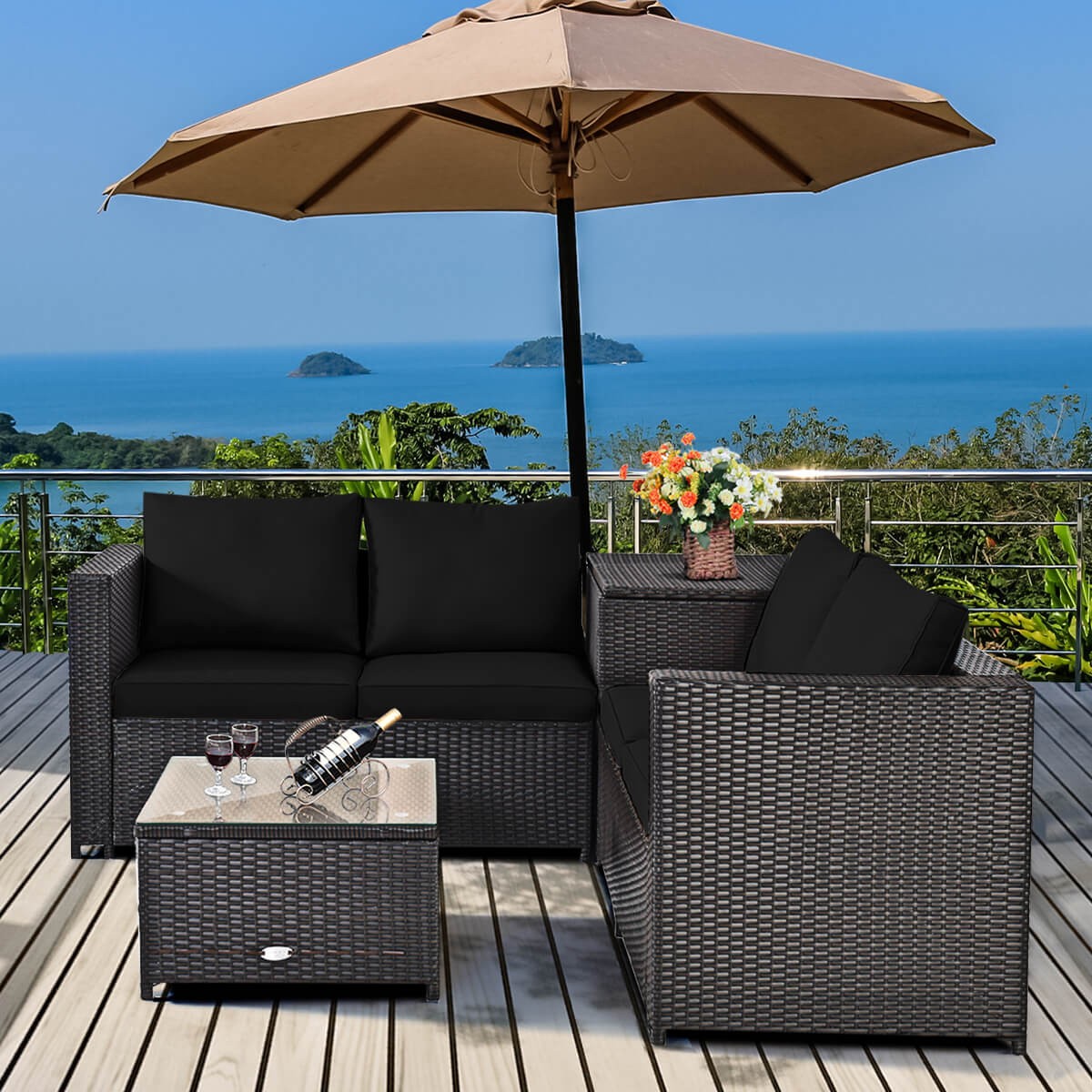 4PCS Outdoor Patio Rattan Furniture Set Cushioned Loveseat Storage Table Navy