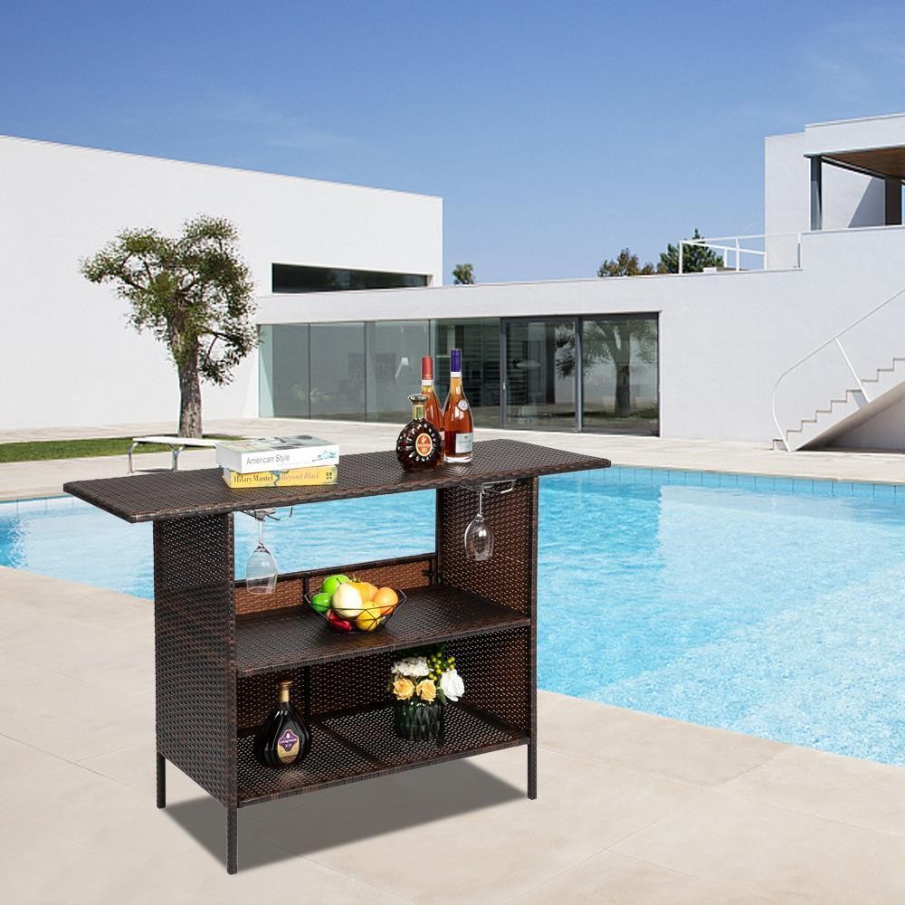 37" Patio Wicker Rattan Bar Glass Top Serving Outdoor Cart Storage Backyard