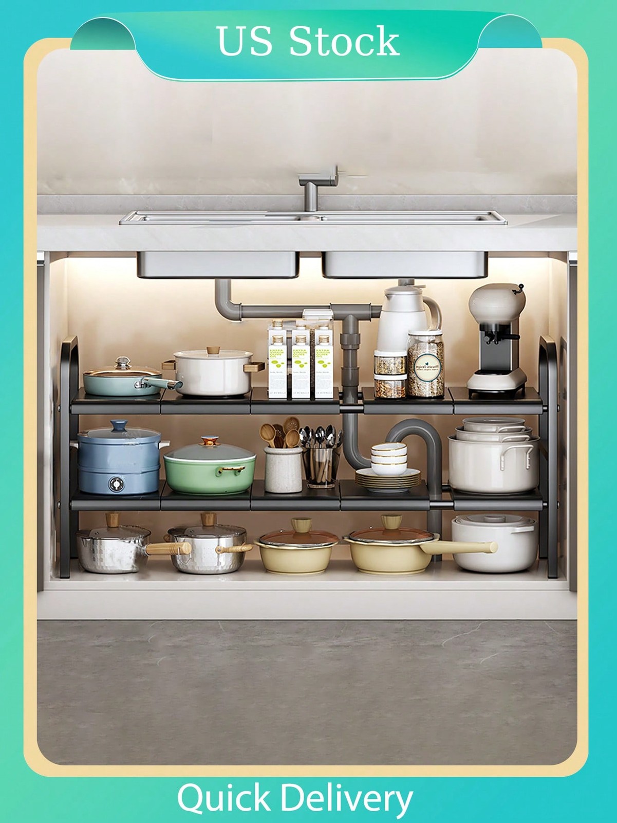 Expandable Under Sink Kitchen Rack – 1/2 Layer Pot, Dish & Bowl Organizer Shelf