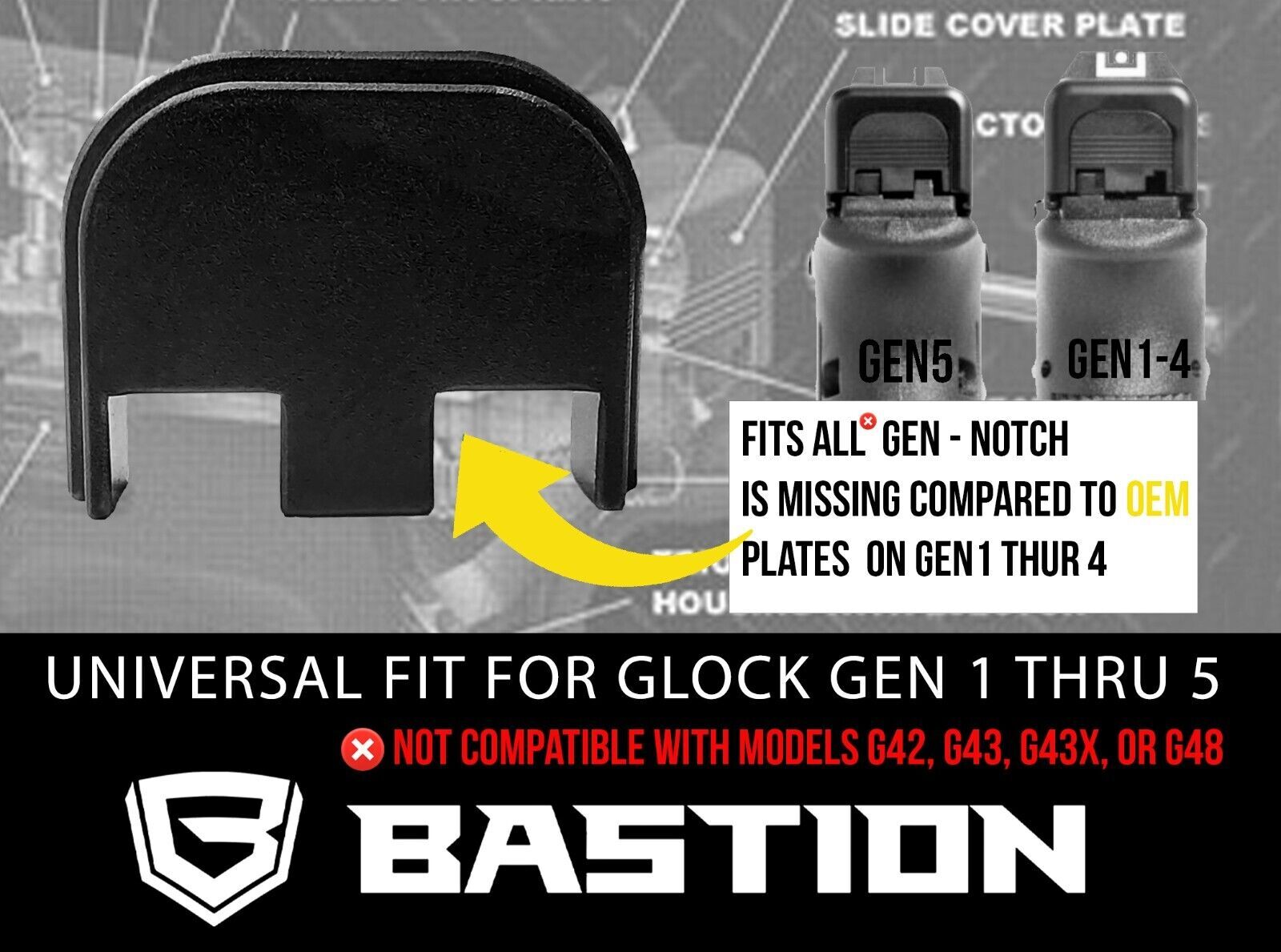 GLOCK REAR SLIDE BACK COVER PLATE Models 19 17-45 Gen 1-5 Bastion Logo USA Flag