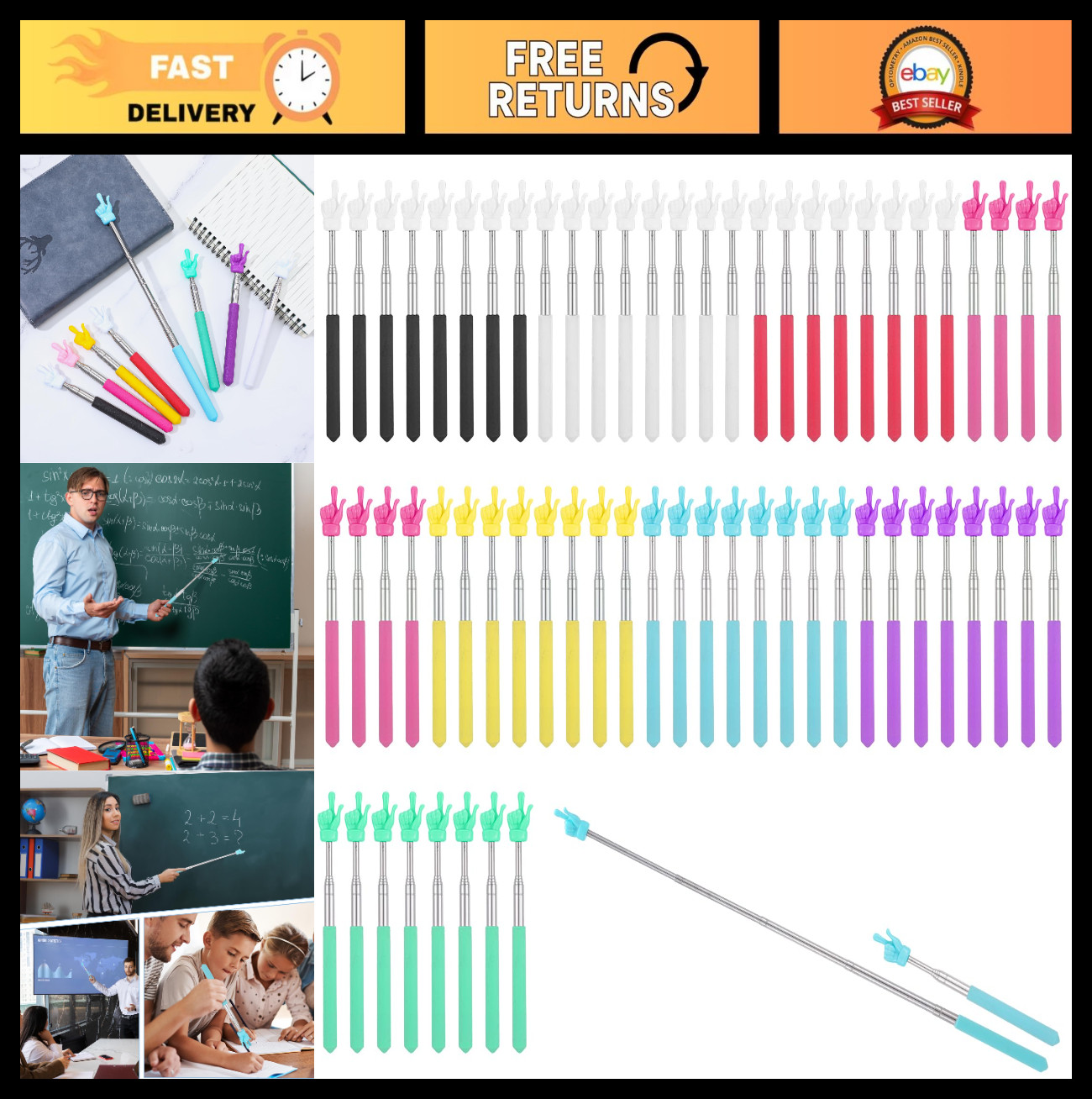 32 Pack Extendable Pointer Sticks for Classroom, Teacher & Coach Essentials, 8 C