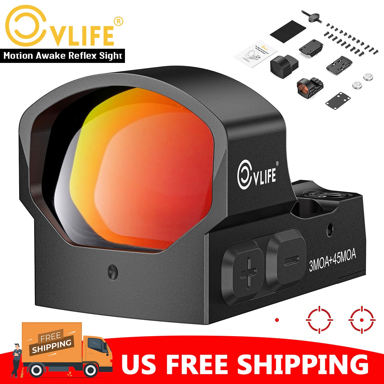 Auto-Brightness Compact Red Dot Sight Multi-Reticle Motion Awake RefIex Sight US