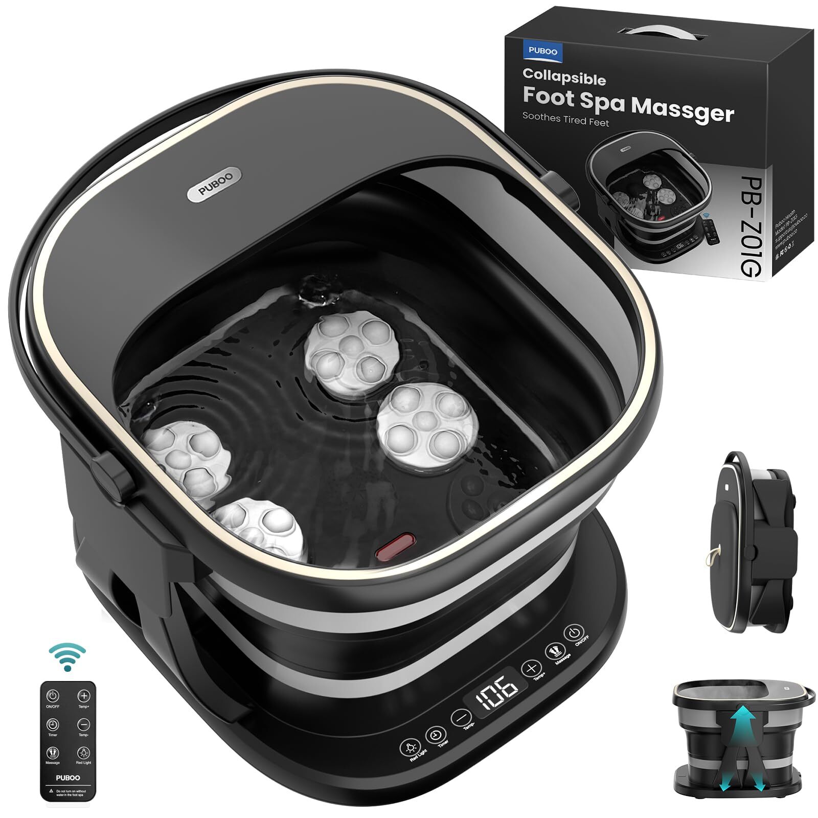 Puboo Collapsible Foot Spa Bath with Heat Remote & Timer 16 Massage Balls Sup...