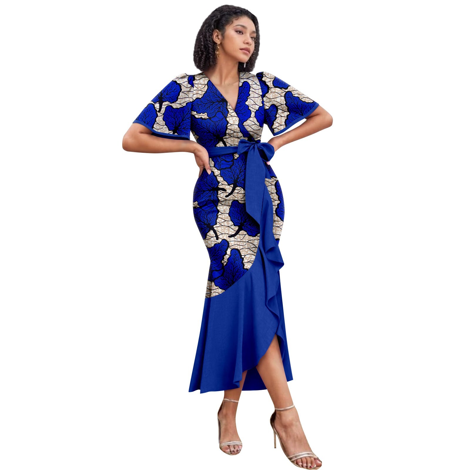 African Dress for Women Wax Print V-Neck Half sleeve Dress with Belt 2525039