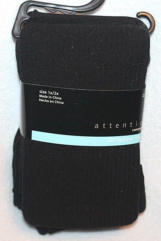Attention Black Control Top Ribbed & Solid Opaque Tights 2 Pair - S/M or M/L