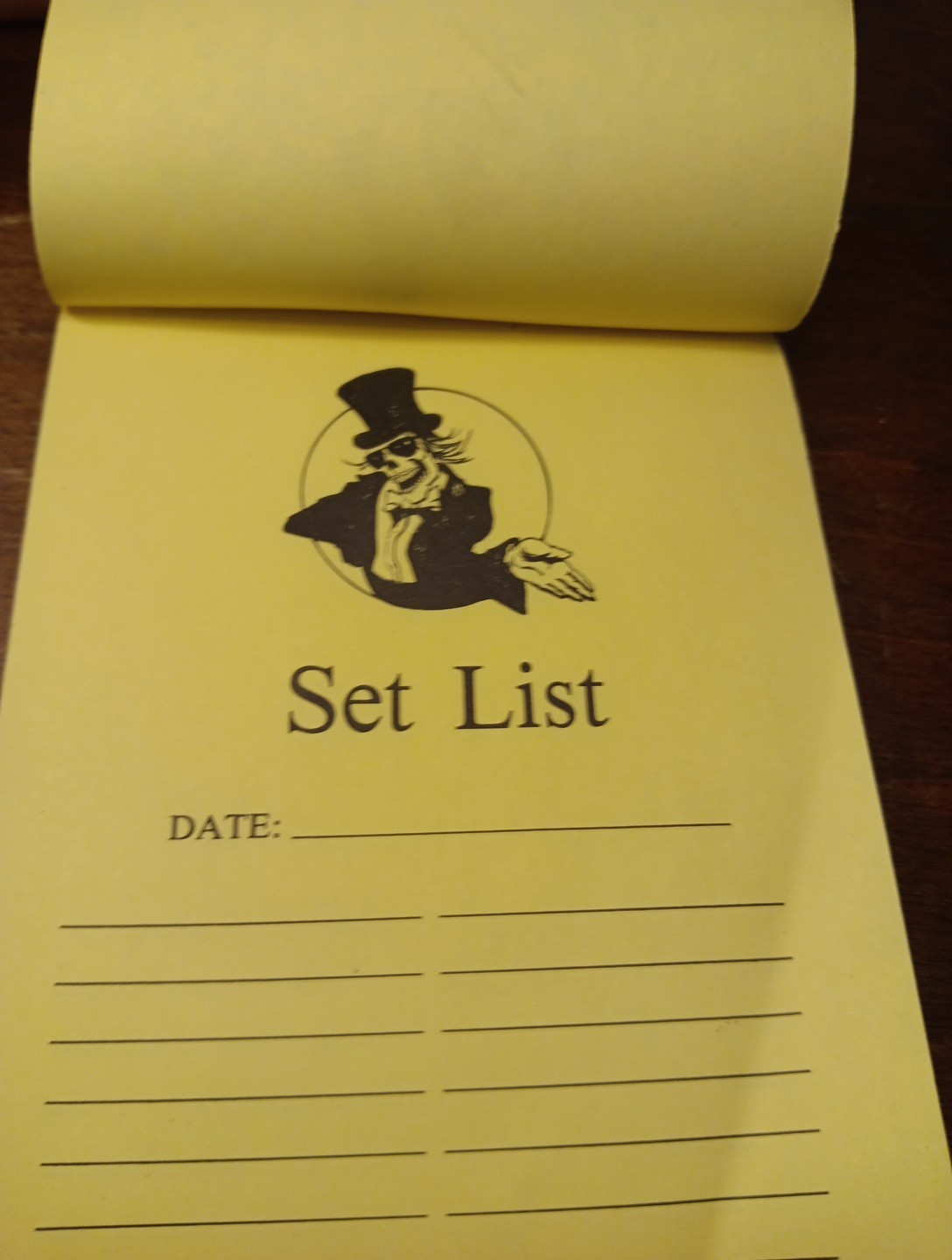 Vintage Grateful Dead Skeleton Top Hat "Set List" Notepad, ~4.25" x 5.5" yellow