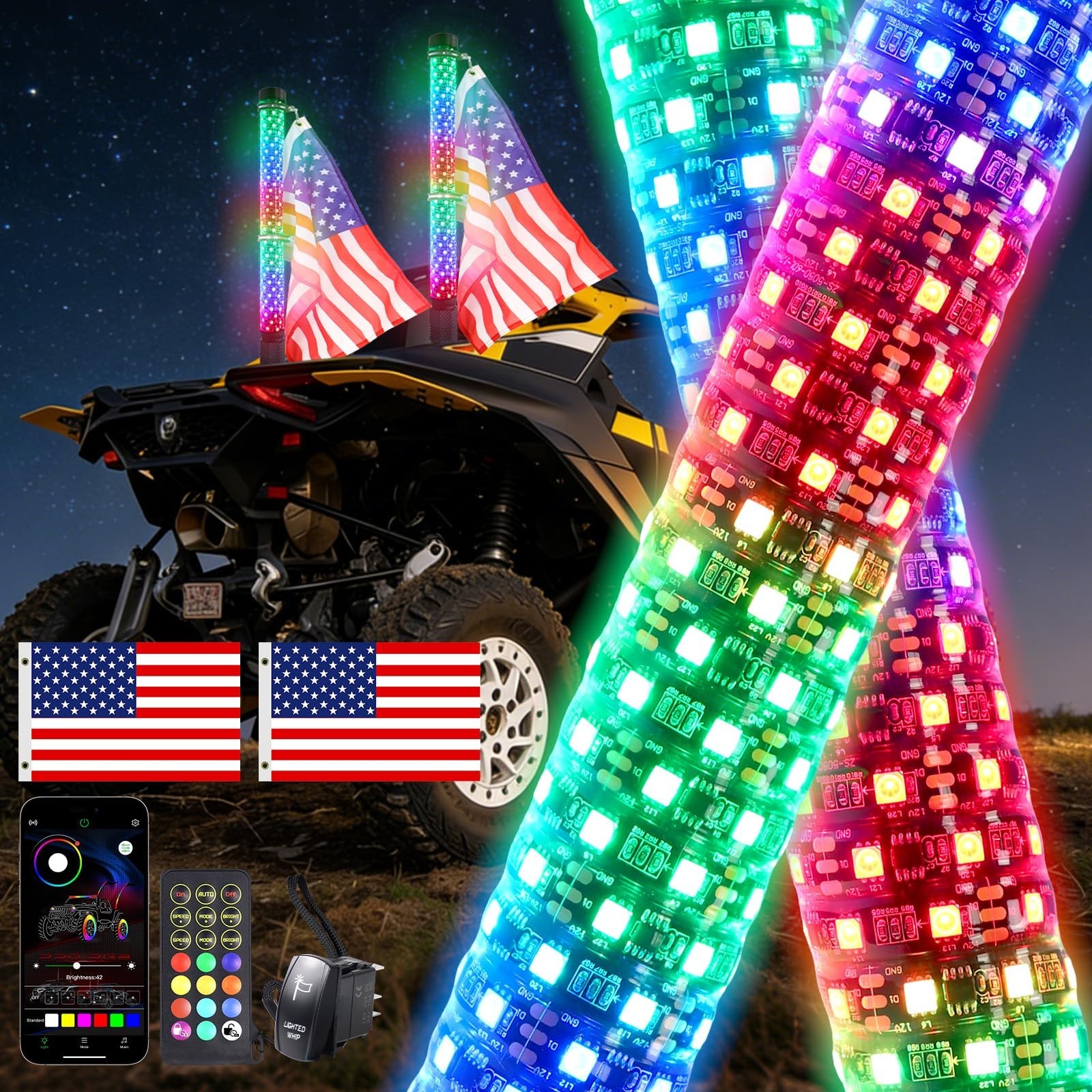 2PCS 2FT Fat Whip Lights UTV Whip Lights with Rocker Switch,High Brightness A...
