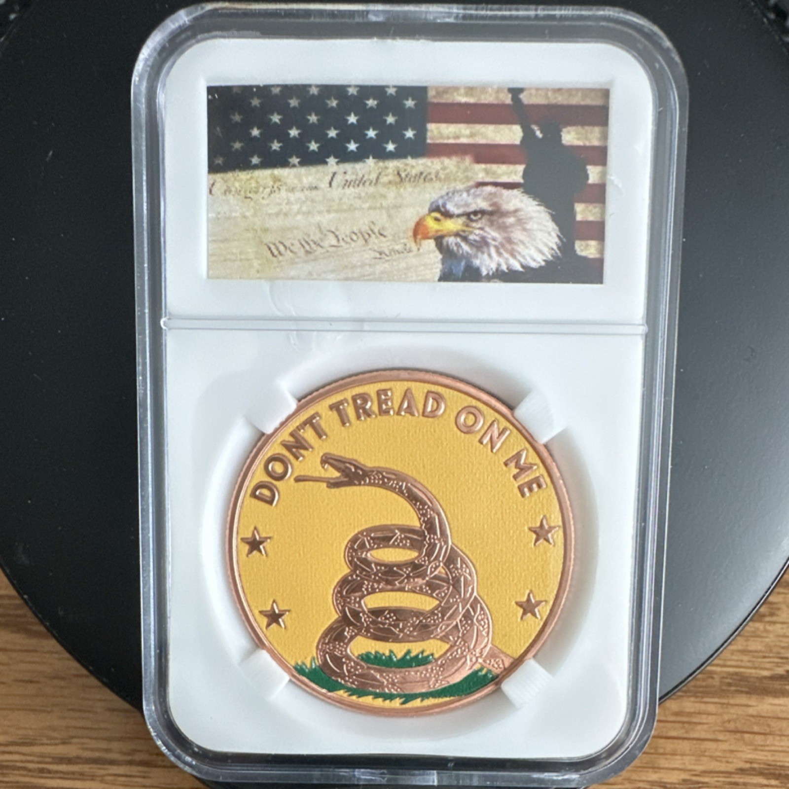 1 AVDR oz .999 Fine Copper 'Don't Tread On Me' Eagle Design Round on slab
