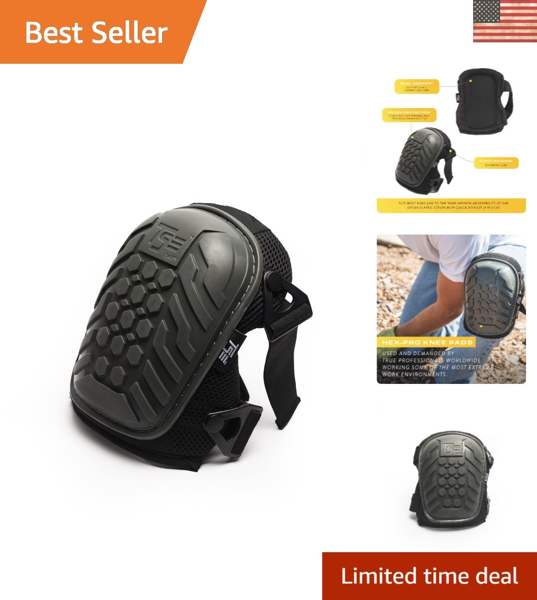 Heavy Duty Professional Knee Pads, Double Strap and Adjustable Clips Hex Pro ...