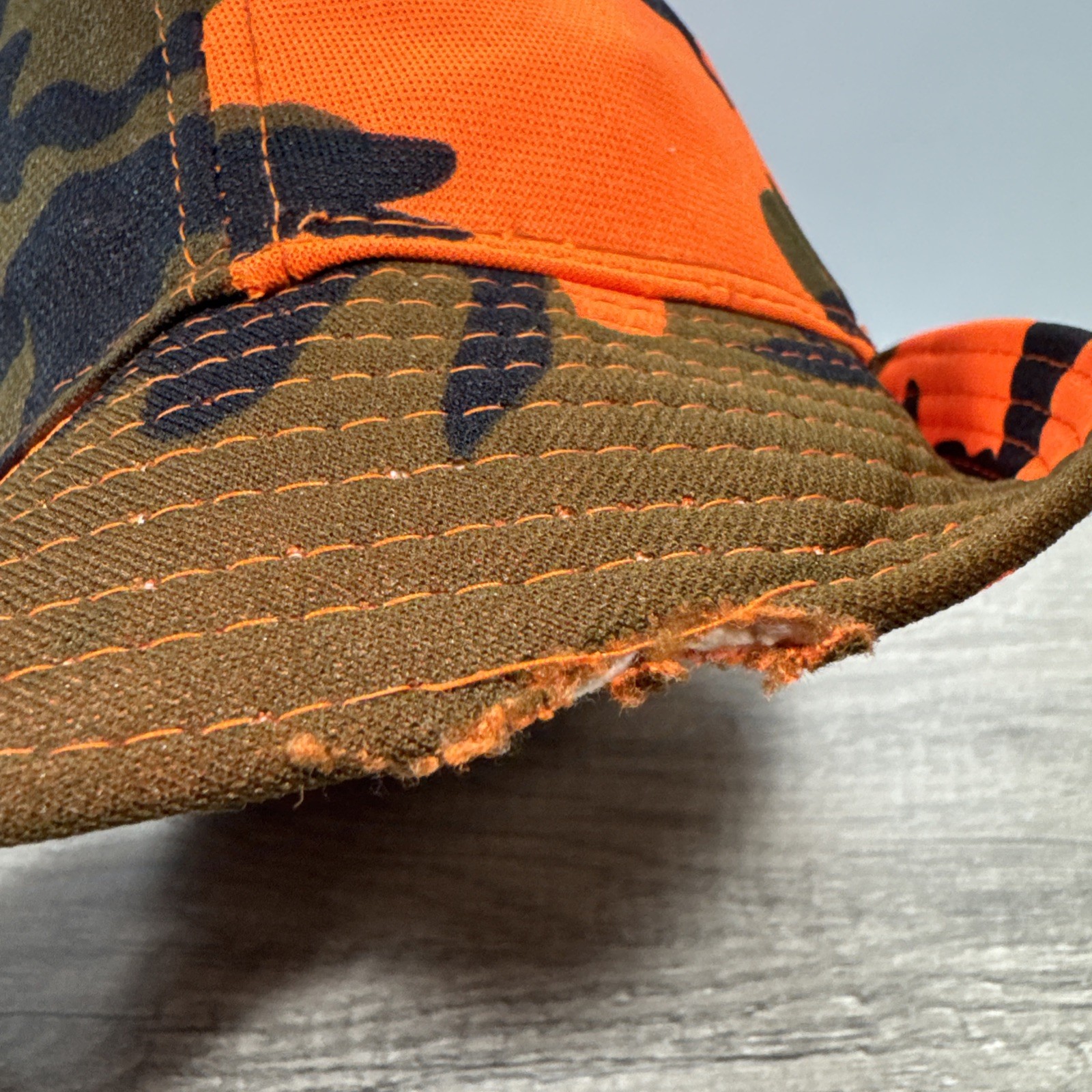 VTG S Orange Camo Jones Hunting Bucket Fedora Hat Insulated Ear Flaps Distressed