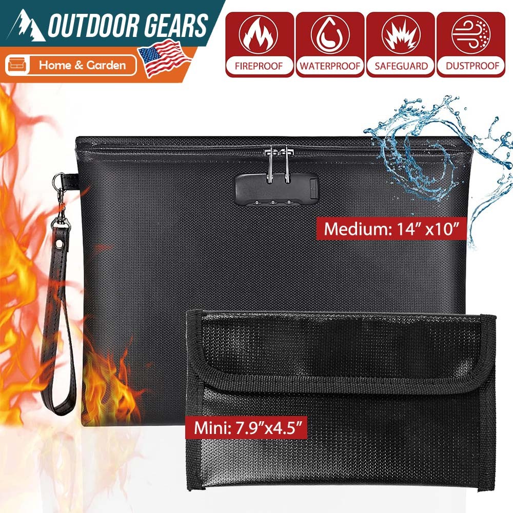 Set of Fireproof Document Bag with Lock Waterproof Safe Cash Money Pouch Storage