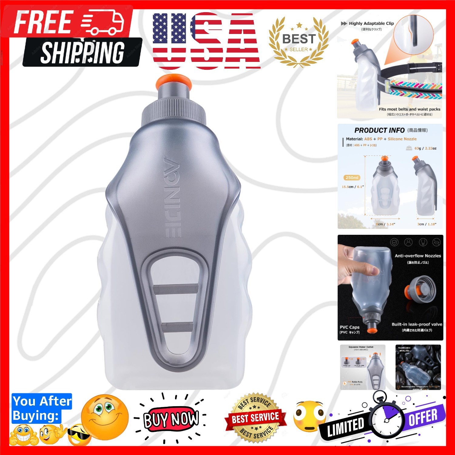 Running Water Bottles Flask BPA Free Leakproof Hydration Vest Packs Waist Bel...