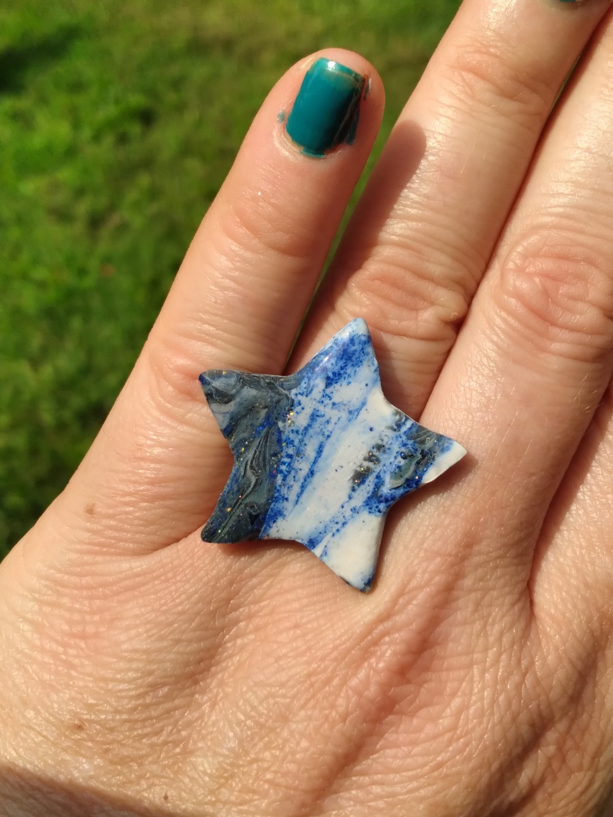 Handcrafted Gold Adjustable Polymer Clay Ring Blue White Marbled Star