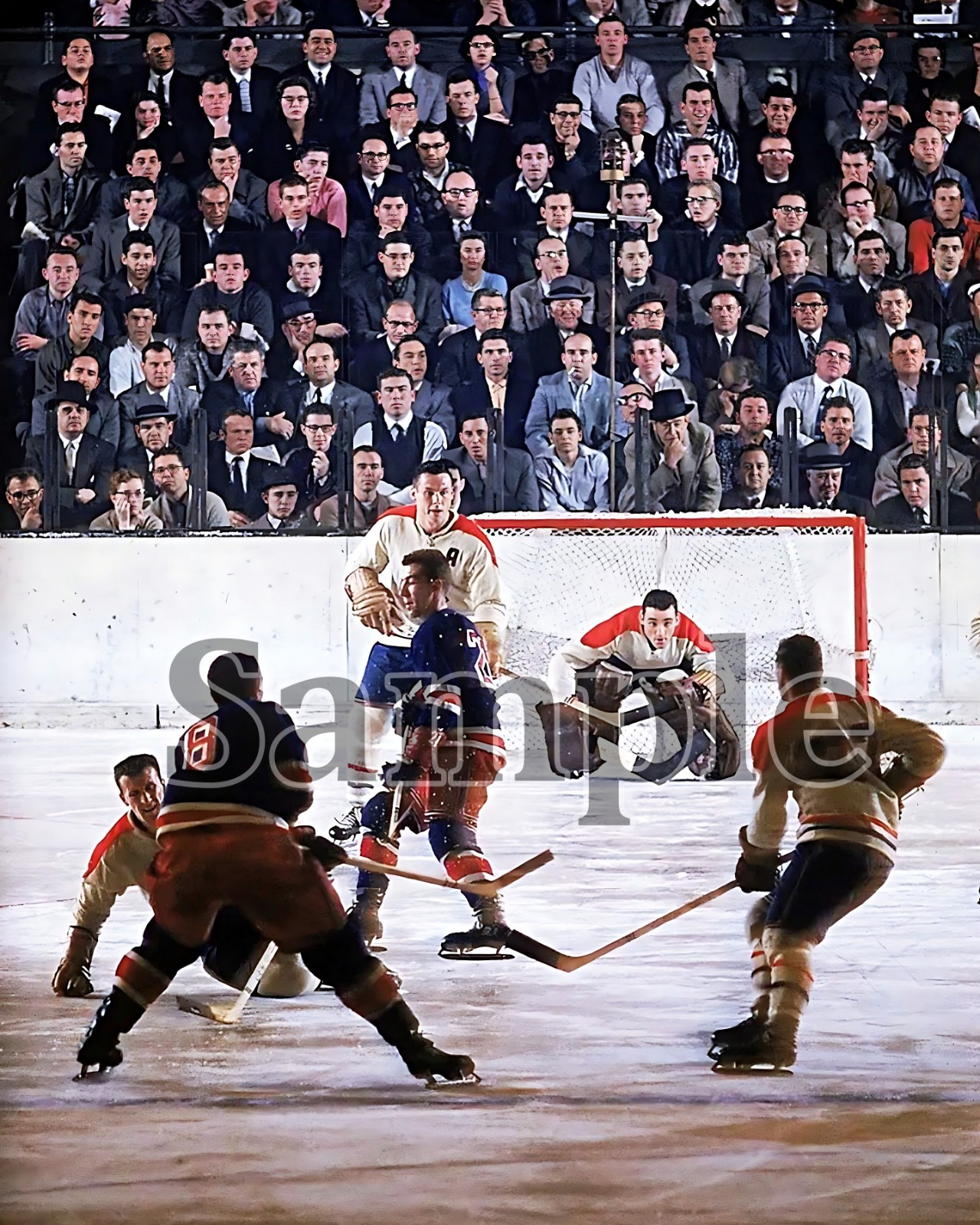 1957 Montreal Canadiens Jacques Plante vs Rangers Color Game Action 8 X 10 Photo