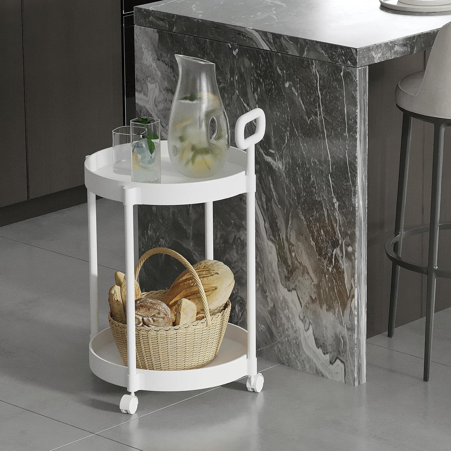 2-Tier Plastic Rolling Utility Cart + Handle Coffee Side Table Couch End Table