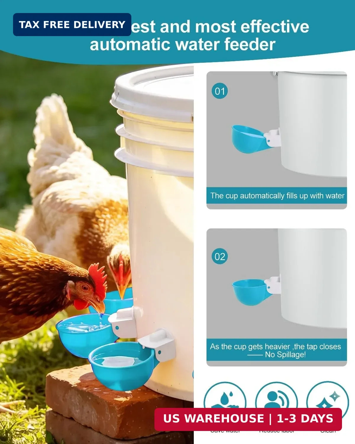 Chicken Waterer Cups (8 Pack) with 3/8" Drill Bit - Light Blue | Automatic Poult