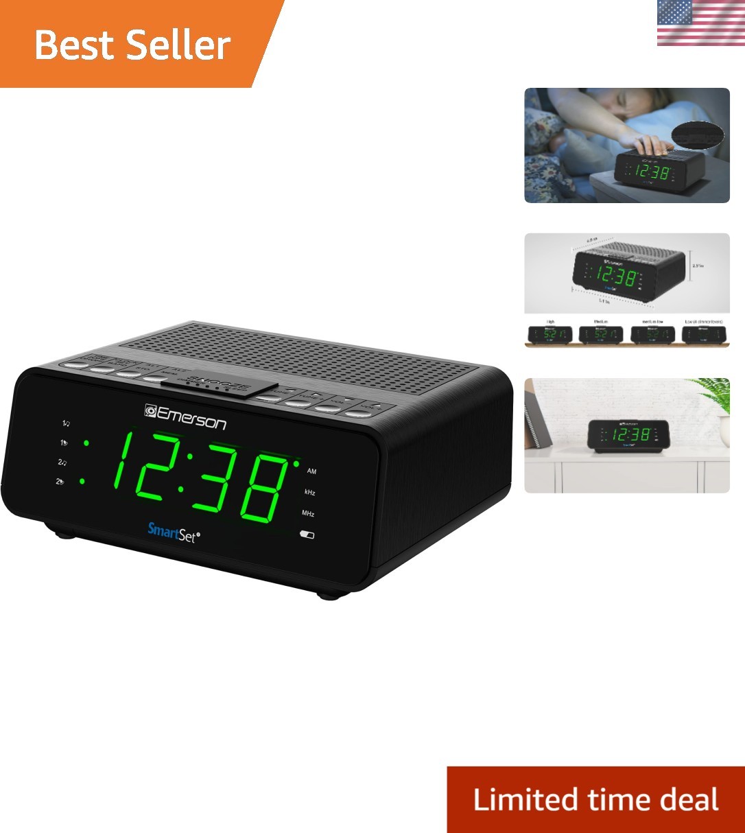 Compact Dual Alarm Clock Radio in Black with Dimmable Jade Green LED Display