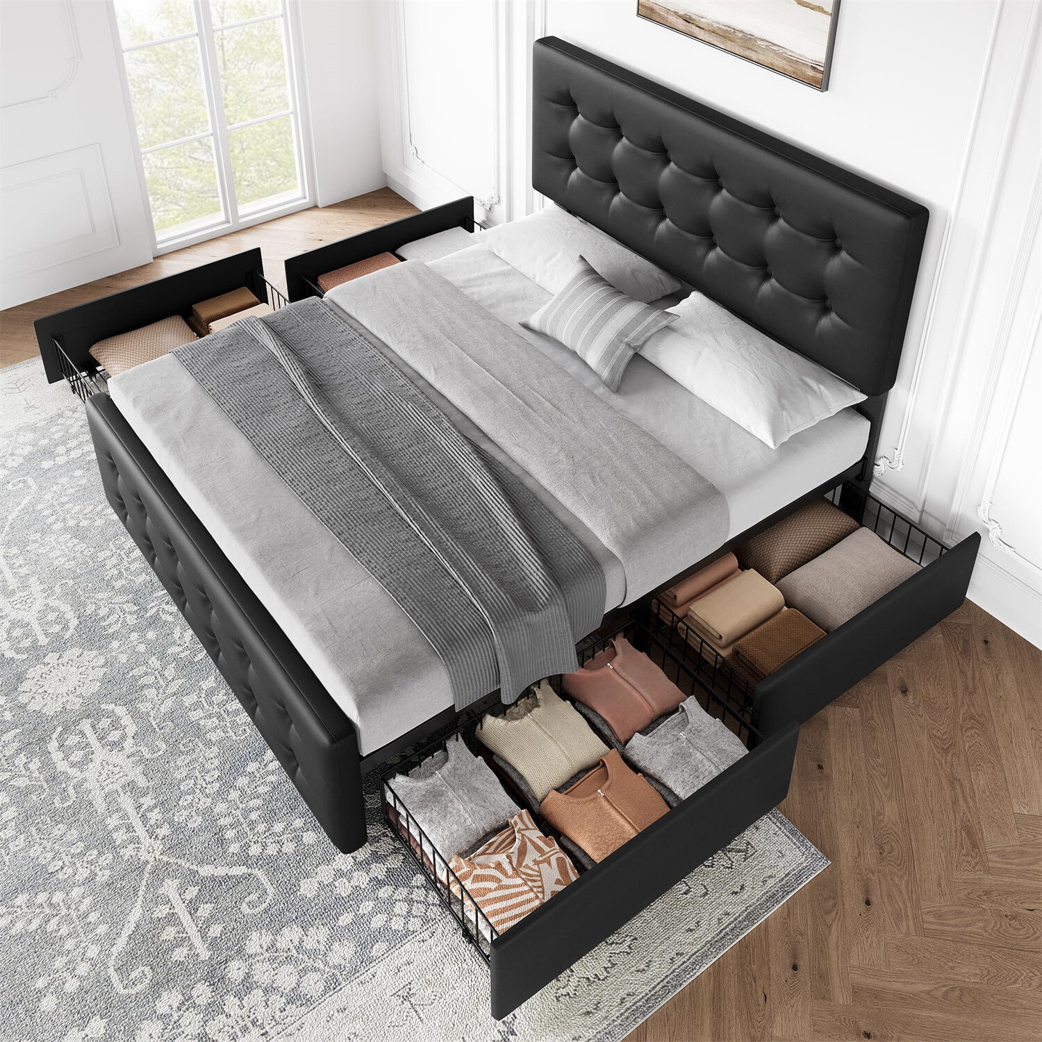 ⭐Full Size Bed Frame with 4 Storage Drawers and Headboard Upholstered Platform U