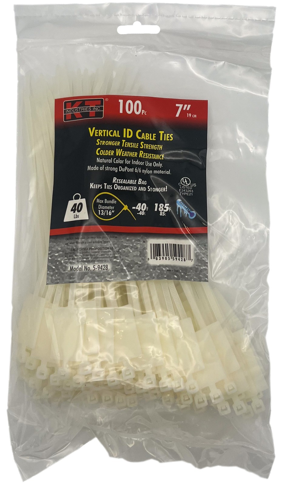 K T INDUSTRIES 7" Vertical ID Cable Ties 5-9428 - 100 Pcs. - 40lb Break Strength