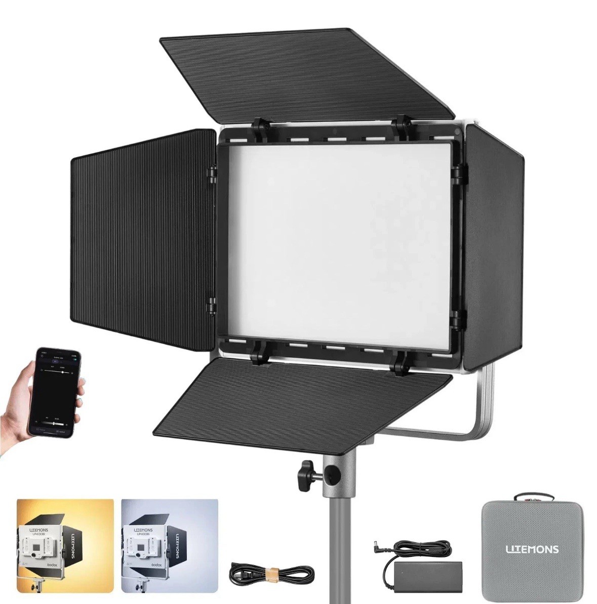 LP600Bi Bicolor LED Video Light with Barndoor, 60W 2800K-6500K 9020Lux LED Pa...