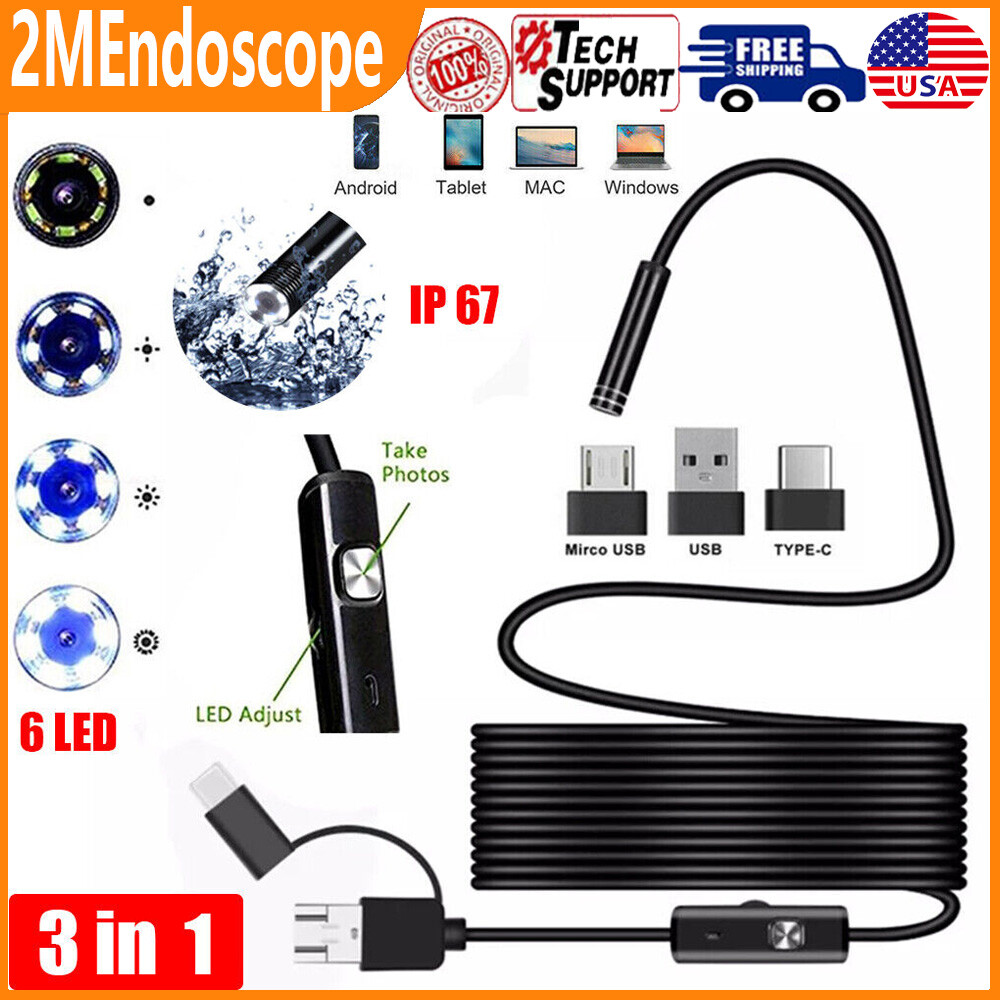 2M Endoscope 7mm Borescope Snake Camera Scope Inspection USB For Android PC
