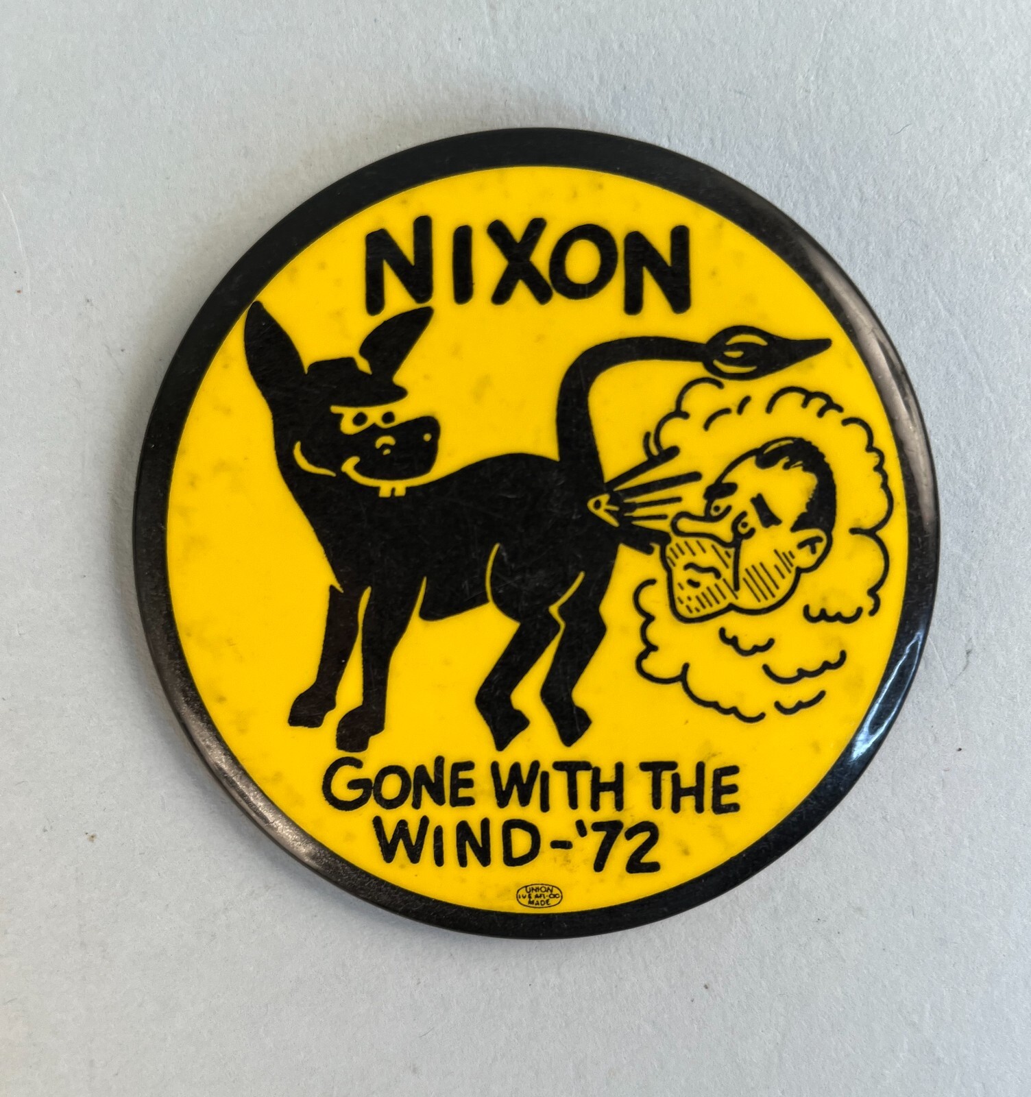 Vintage 1972 Anti-Nixon "Gone with the Wind" Cartoon Pinback Button with Donkey