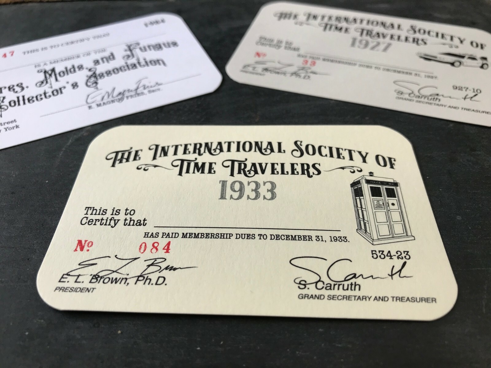 International Society of Time Travelers membership card 1933 - Doctor Who Tardis