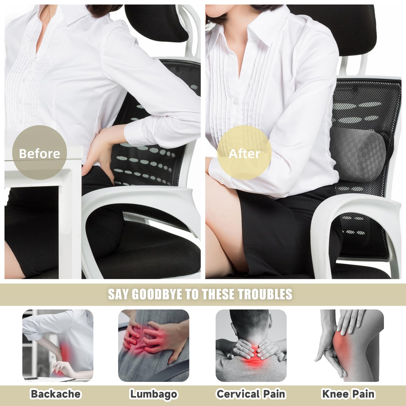 Lumbar Roll Pillow for Lower Back, Support Short-11*4.3'', Light Grey