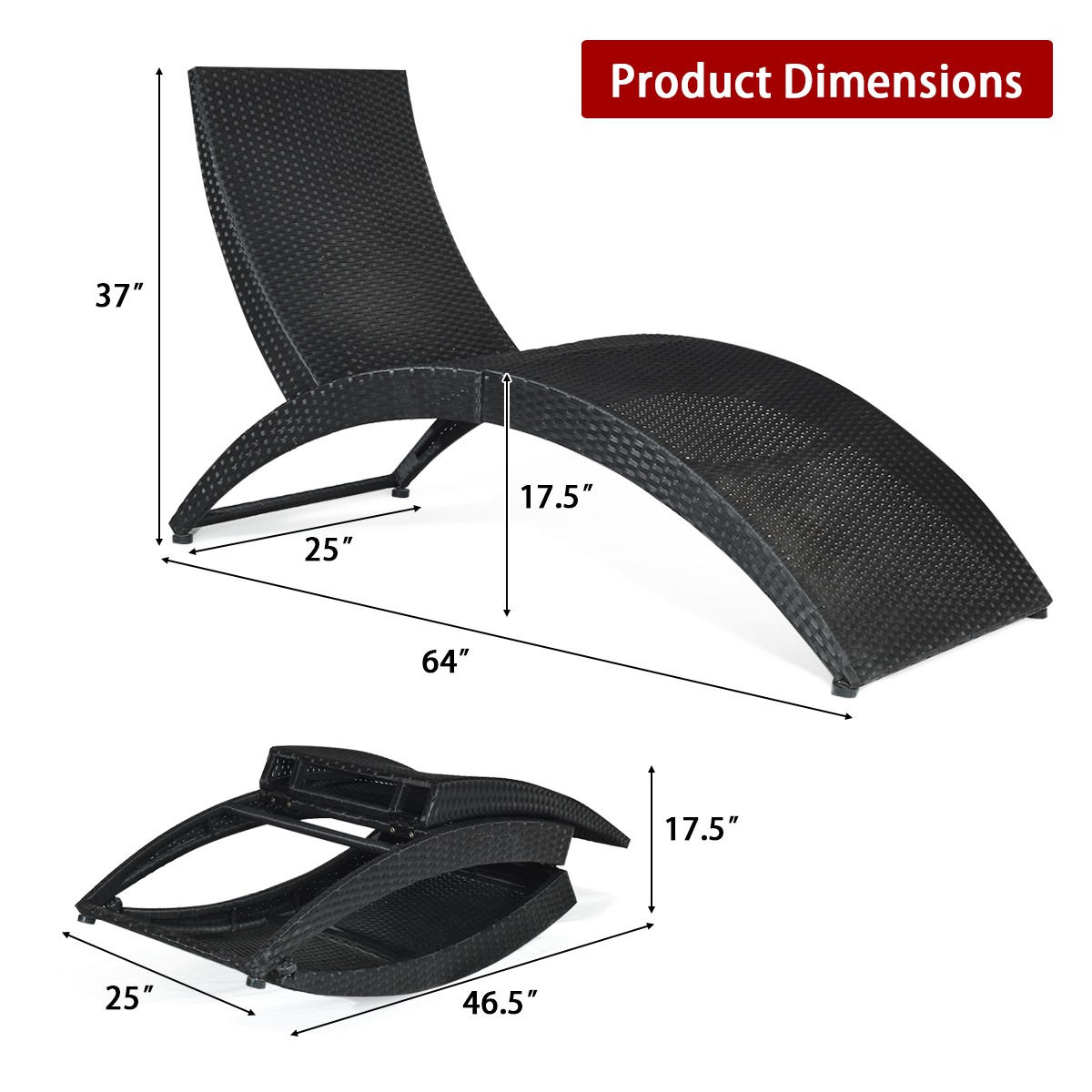 2PCS Folding Patio Rattan Lounge Chair Chaise Cushioned Portable Garden Lawn Red