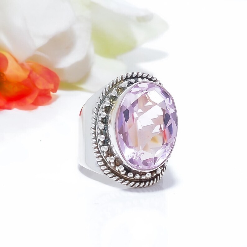 Oval Pink Morganite 925 Sterling Silver Band& Statement Ring Handmade  All Size