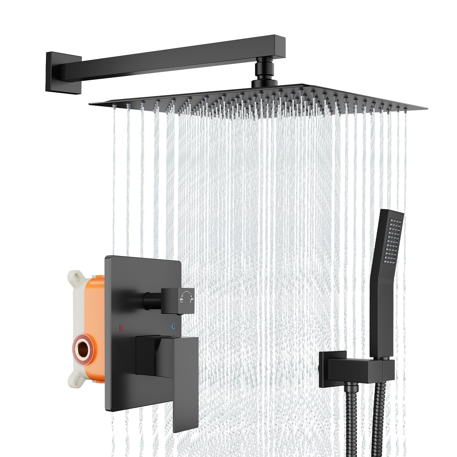 12 Inch Rain Shower Head System 2-Function Wall Mounted Shower Faucet w/Handheld