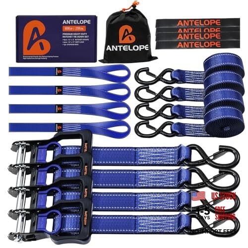 Ratchet Tie Down Straps Set, 5250 LBS Breaking 5250 lb -1.5in x 8ft Blue