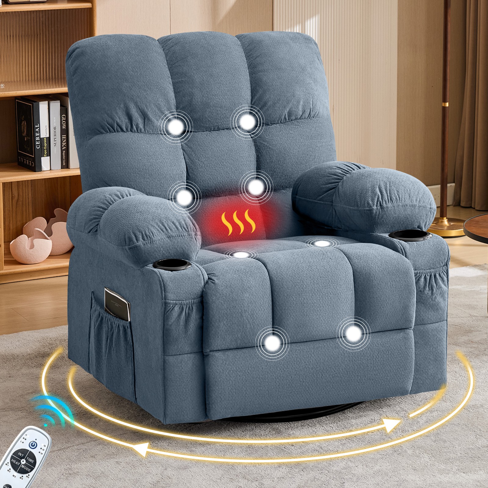 Massage Swivel Recliner Chair with Vibration Massage and Lumbar Heating for Adu