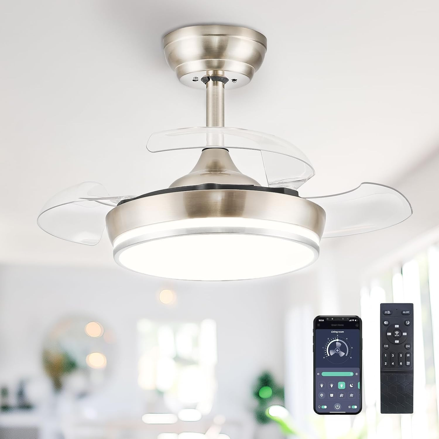 30" Retractable Ceiling Fan with Dimmable LED Light & Remote, 6 Speeds, Brushed