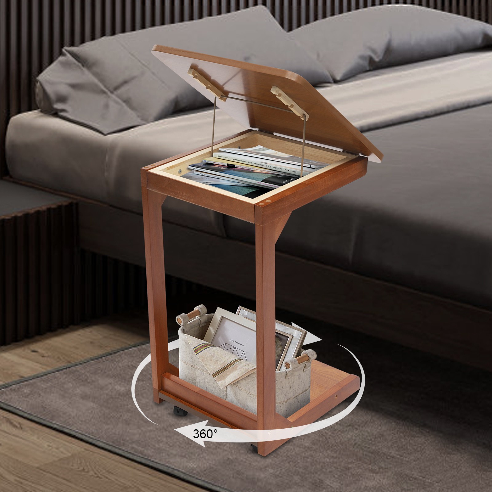 C-shaped Table Couch Table Sofa Bed Side Table W/ Wheels 40*40*63cm 0-40° Angle