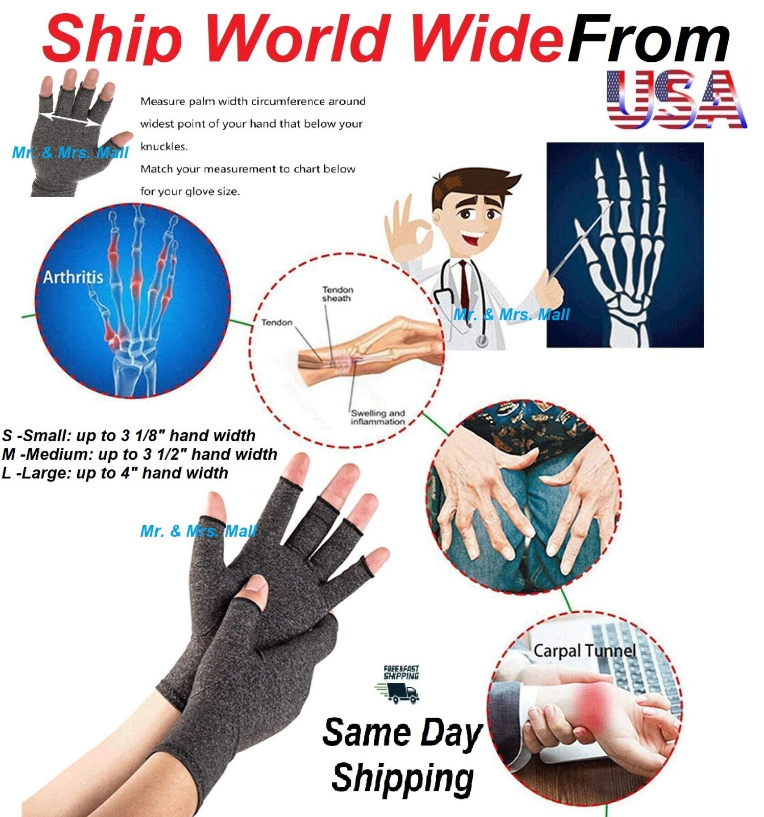 Arthritis Medical Gloves Compression Copper Pain Relief Wrist Support Brace- L