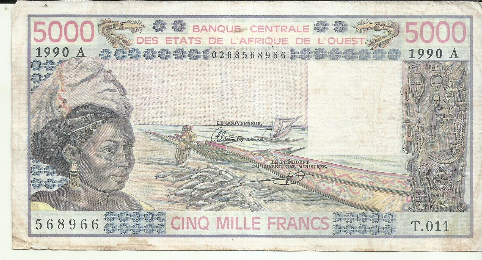 WEST AFRICAN STATES 5000 FRANCS 1990 P 108 . F-VF CONDITION. COTE IVOIRE. 2RW 24