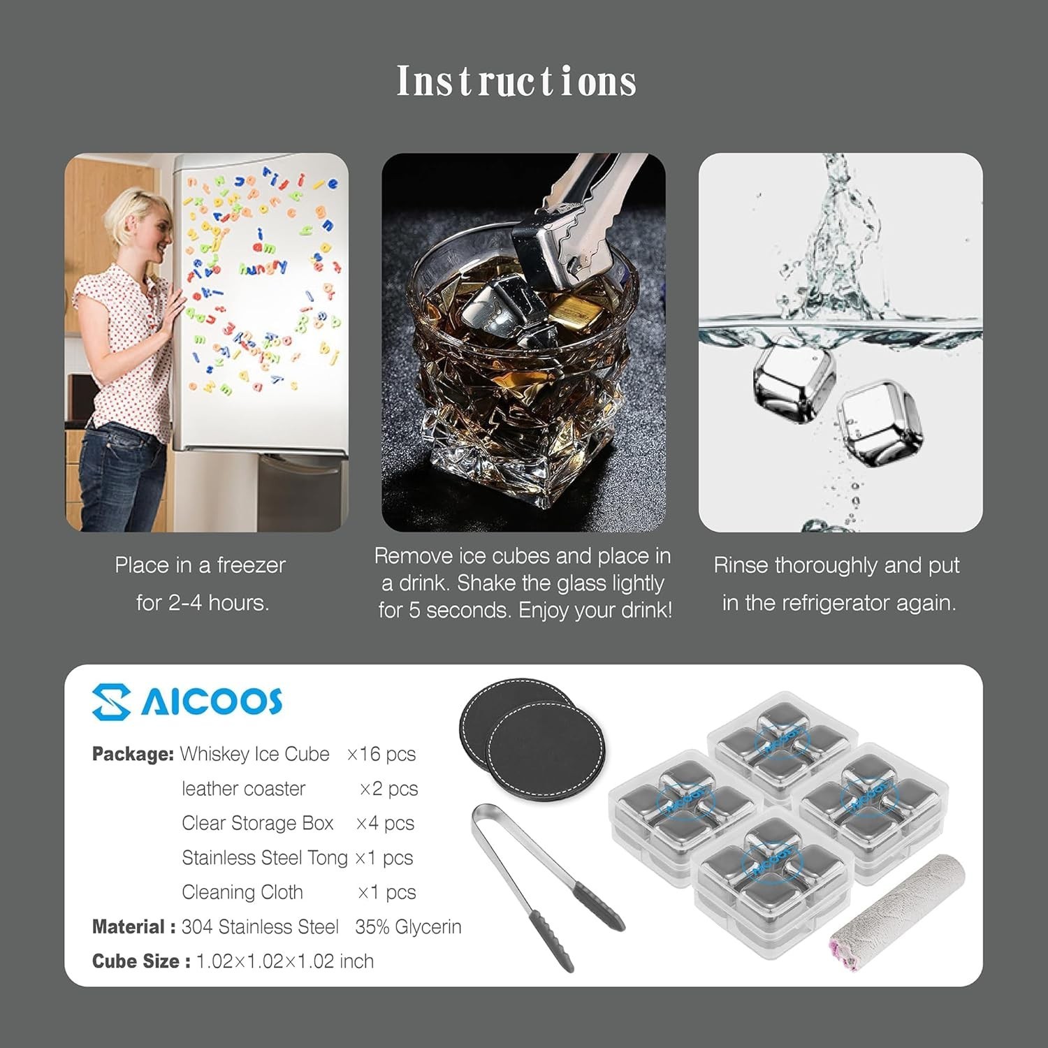 High Cooling Stainless Steel Ice Cubes - 16 Pack For Perfect Drinks Every Time