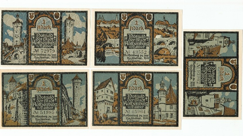 SET OF 5 GERMANY NOTGELD 1 MARK ROTHENBURG 1921 UNC