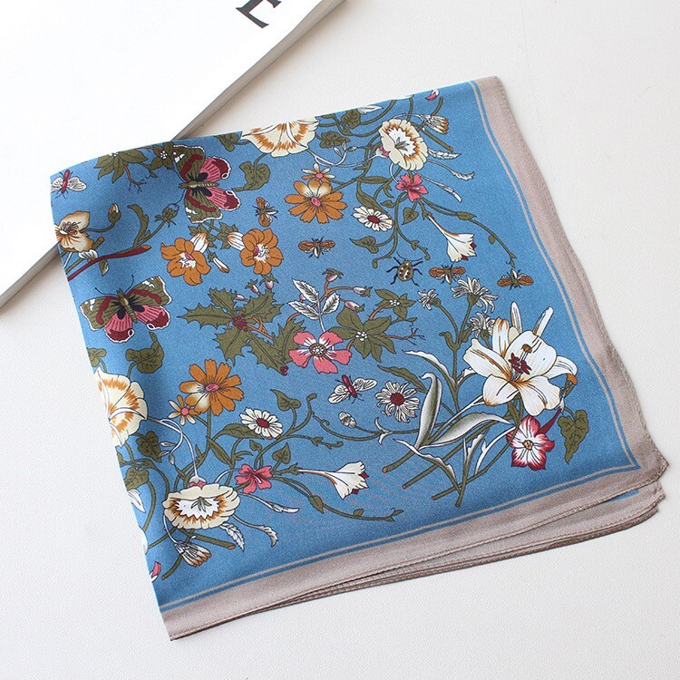 100% Silk Scarf Women Blue Flower Small Hand Neckerchief Wrap Bandana 53*53cm