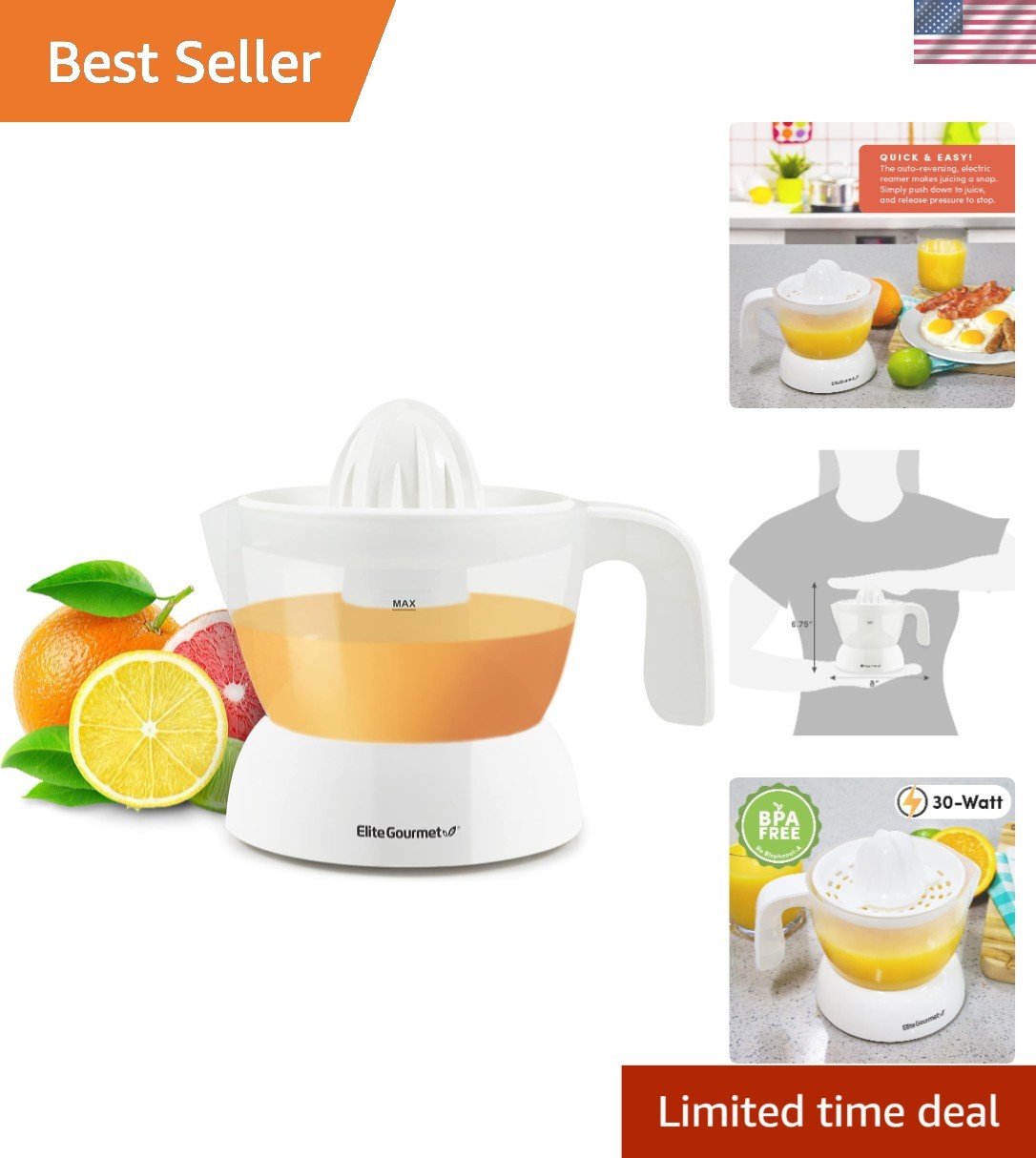 Elite Cuisine 30W Electric Citrus Juicer - 16 oz Capacity for Fresh Juice