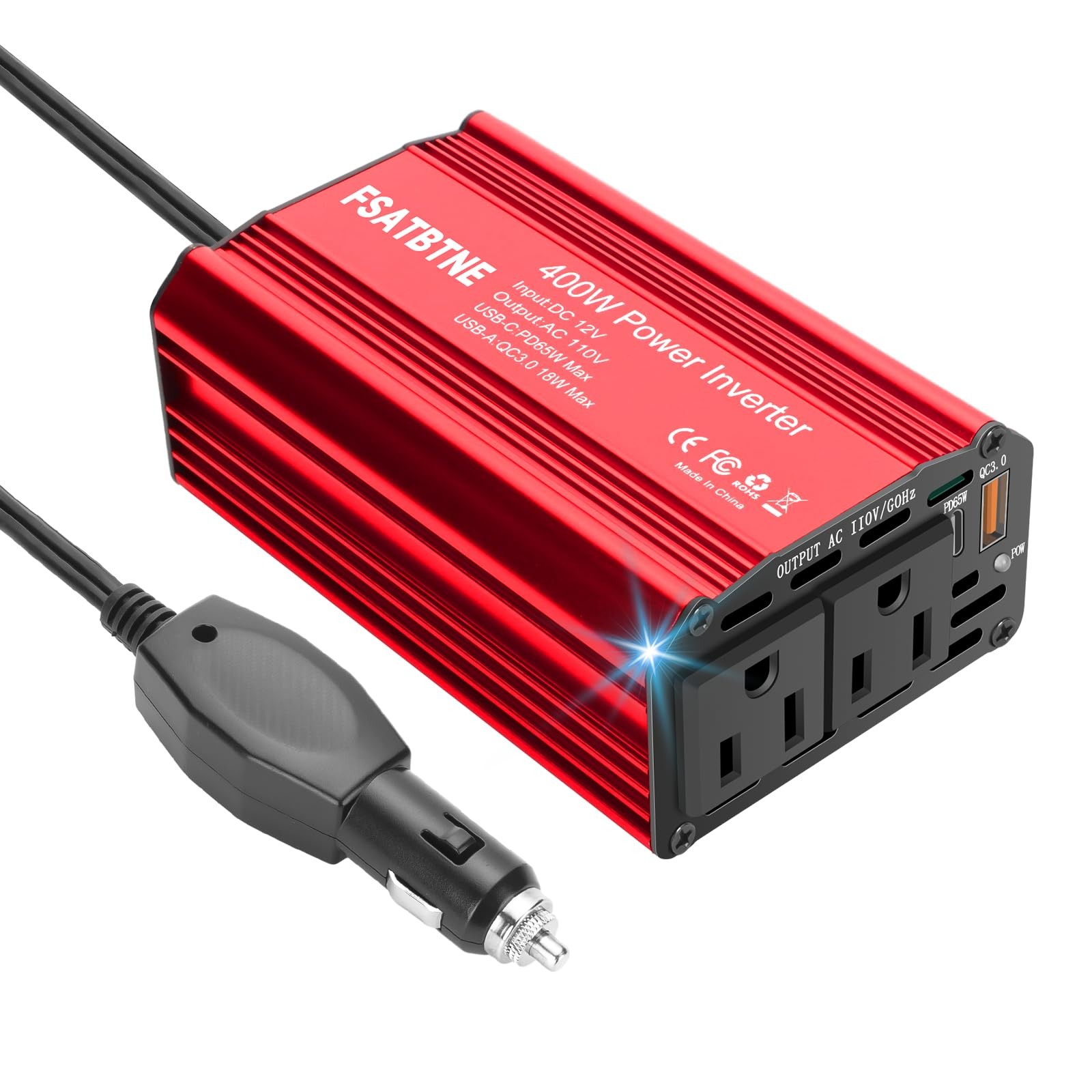 400W Power Inverter DC 12V to 110V AC with USB-C  USB-A Fast Charging